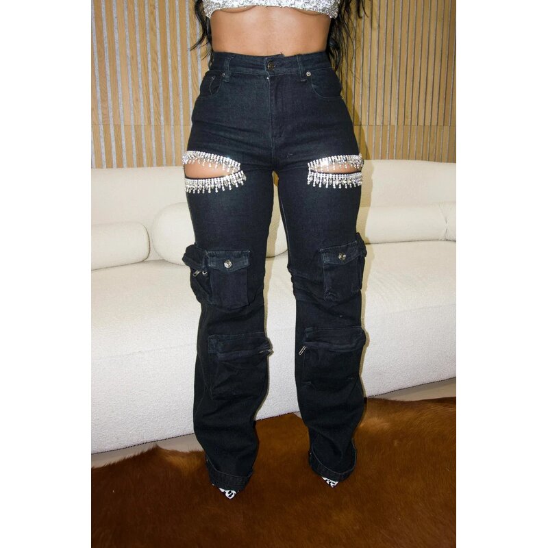 Women's Jeans Manufacturer - Straight Leg Boot Cut Dark Denim Rhinestone Tassels Hip Hop