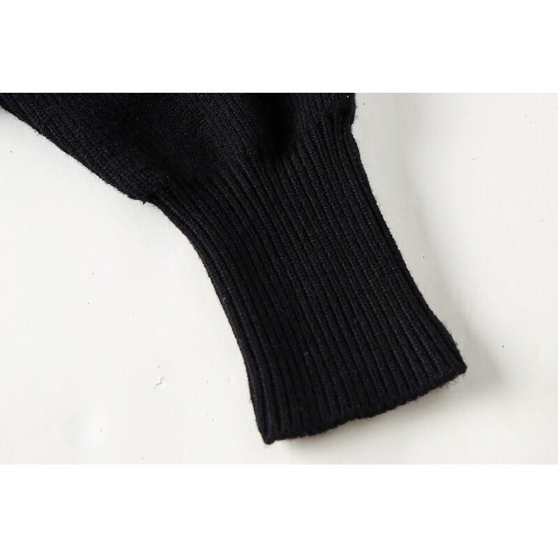 Women's Knitted Sweater Manufacturer - Black Beading Asymmetrical Design Long Sleeve