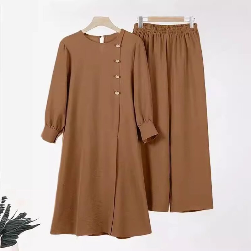 Muslim Two Piece Set Manufacturer - Side Slit Long Shirt Wide Leg Pants Robe In Stock