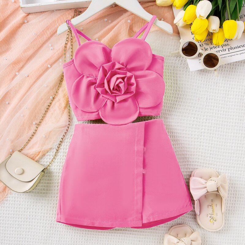 Girls Outfit Manufacturer - Summer 3D Floral Sling Top Skirt Shorts Princess 2Pcs