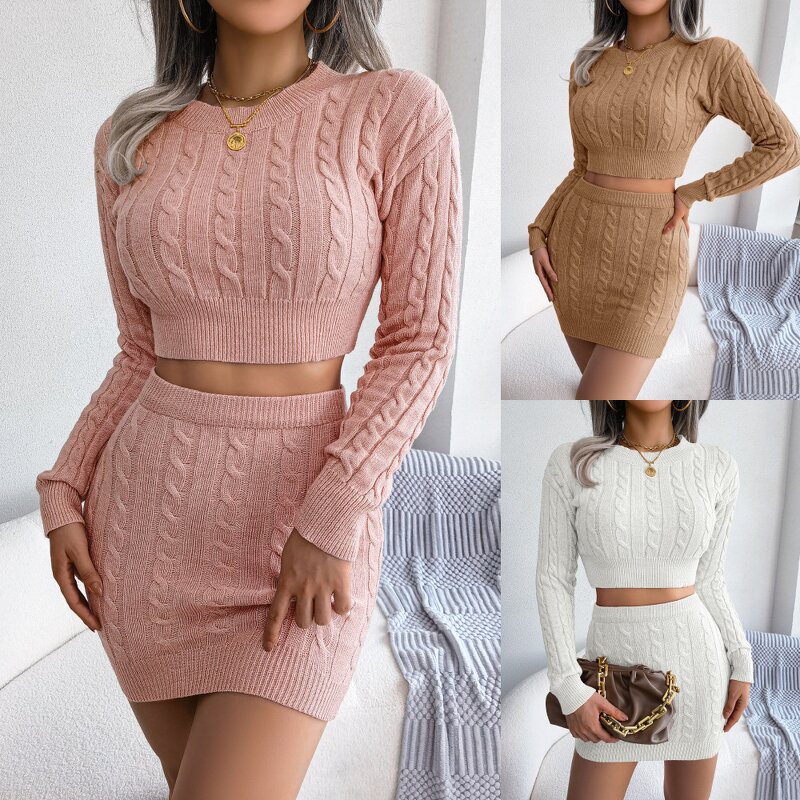Women's Sweater Set Manufacturer - Knitted Warm Winter Two Piece Skirt Set Ready to Ship