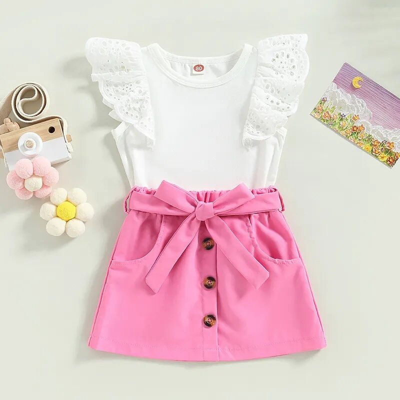 Girls Clothing Set Manufacturer - 1-5Y Lace Flying Sleeve Vest Top Button Skirt With Belt