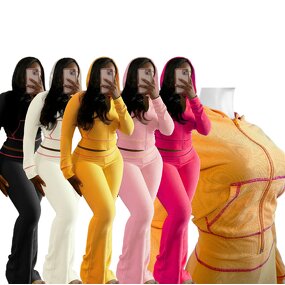 Women's Two Piece Set Manufacturer - Hooded Tops Flare Pants Waffle Striped 2024 Autumn