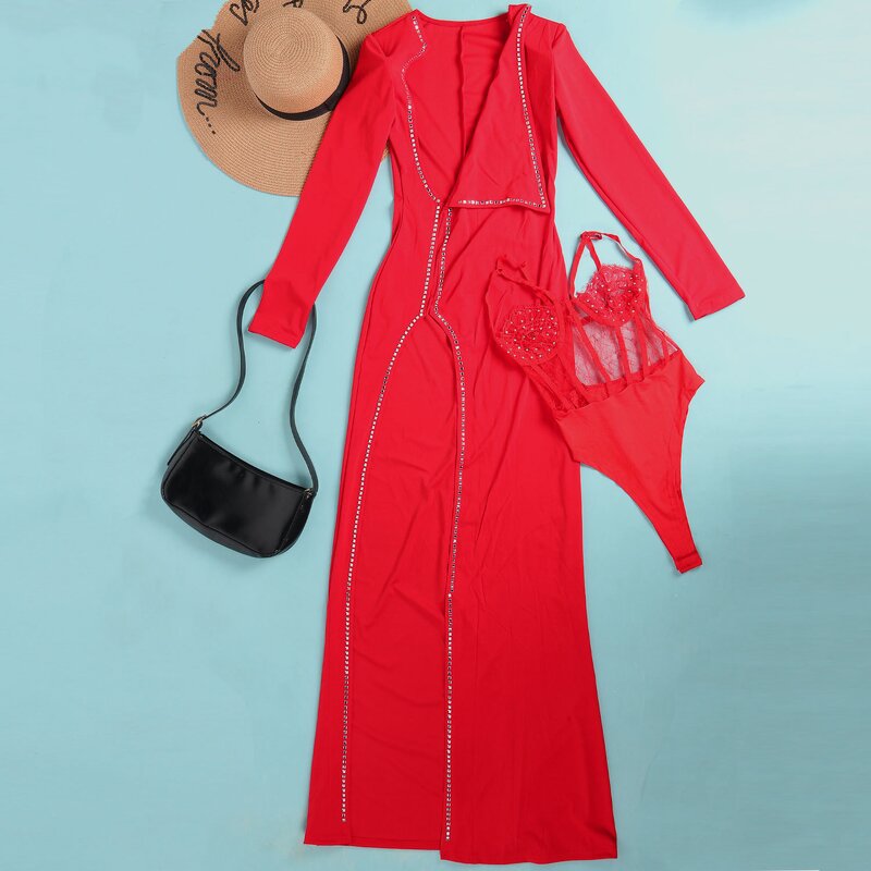 Women's Lace Set Manufacturer - 2024 Sexy Lace Bodysuit Thigh Slit Cloak Dress Two Piece