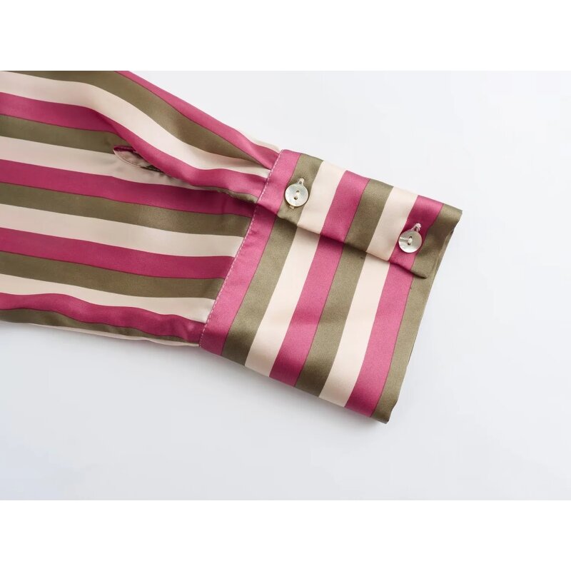 Women's Satin Blouse Manufacturer - Striped Retro Front Button-up Long Sleeve Shirt
