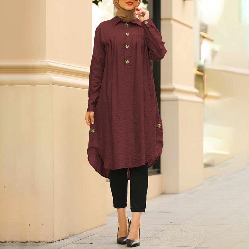 Muslim Blouse Manufacturer - High Quality Solid Color Pleated S~5XL Arabic Long Tops