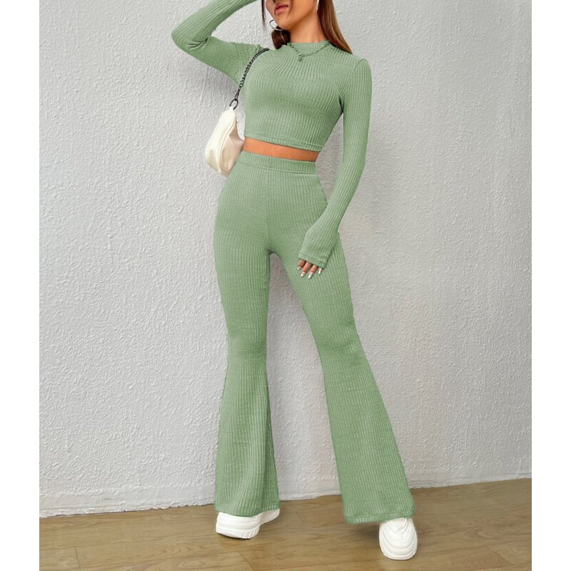 Women's Knit Set Manufacturer - Trendy Top and Flared Pants Two Piece Stylish Set