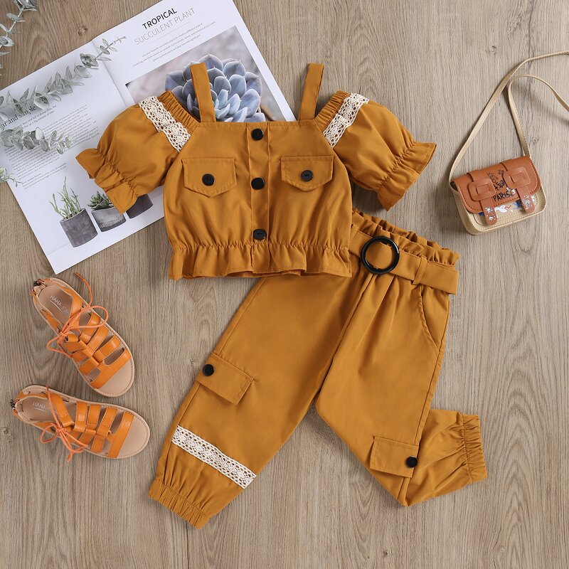 Girls Two Piece Set Manufacturer - 2024 Summer Off Shoulder Blouse Button Belt Pants