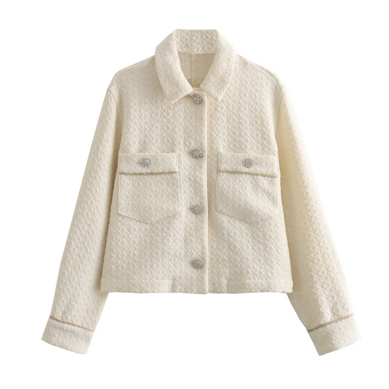 Women's Tweed Jacket Manufacturer - Front Pockets Single Breasted Beige Turn Down Collar