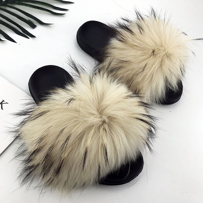 Women's Fur Slippers Manufacturer - New Flat Raccoon Fox Fur Fashion Luxury Shoes