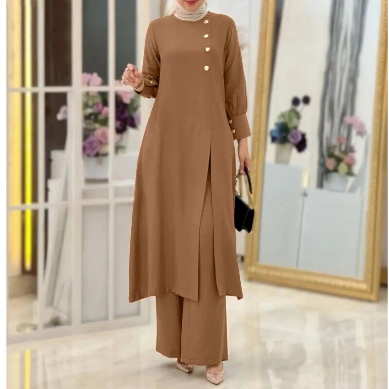 Muslim Two Piece Set Manufacturer - Side Slit Long Shirt Wide Leg Pants Robe In Stock
