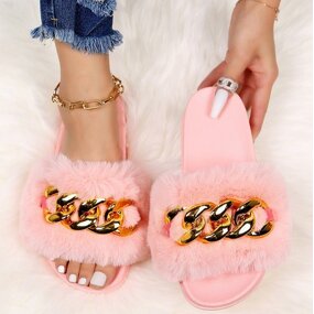 Women's Fur Sandals Manufacturer - Large Size Outer Wear Metal Chain Ladies Slippers