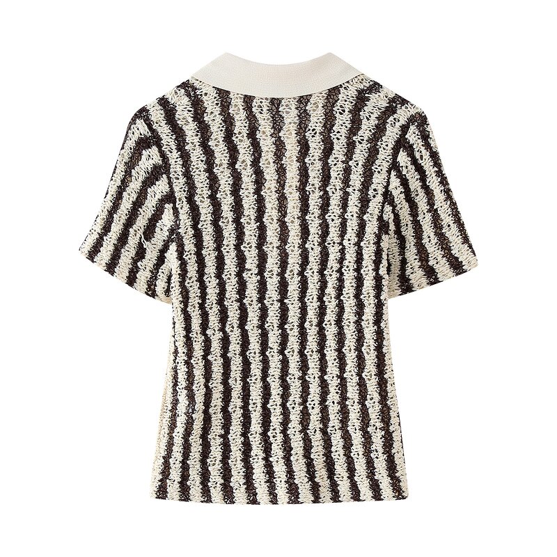 Women's Knitted Sweater Manufacturer - Striped Button Up Short Sleeve Multi Color Casual