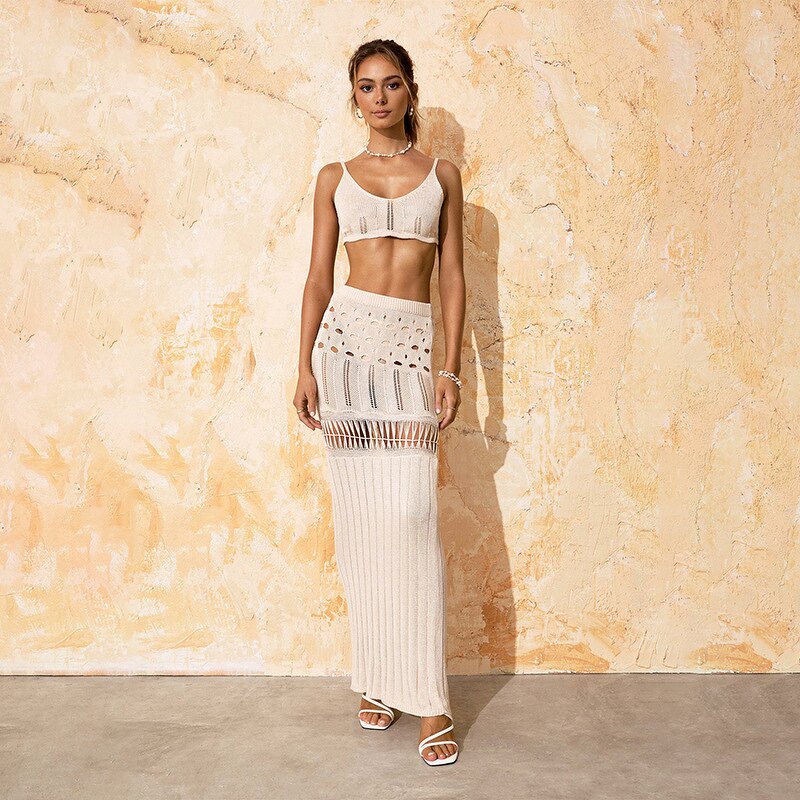 Bikini Cover Up Manufacturer - 2025 European American Beach Solid Knitted Hollow Set