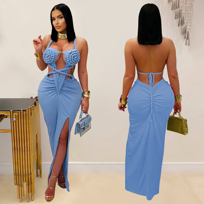 Women's Chiffon Dress Manufacturer - Cross-Border Sexy Knitted Halter Backless Solid Color