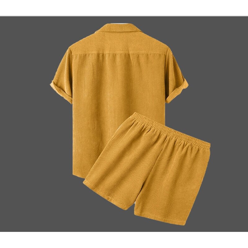 Men's Corduroy Set Manufacturer - Solid Color Shirt and Shorts European American Casual
