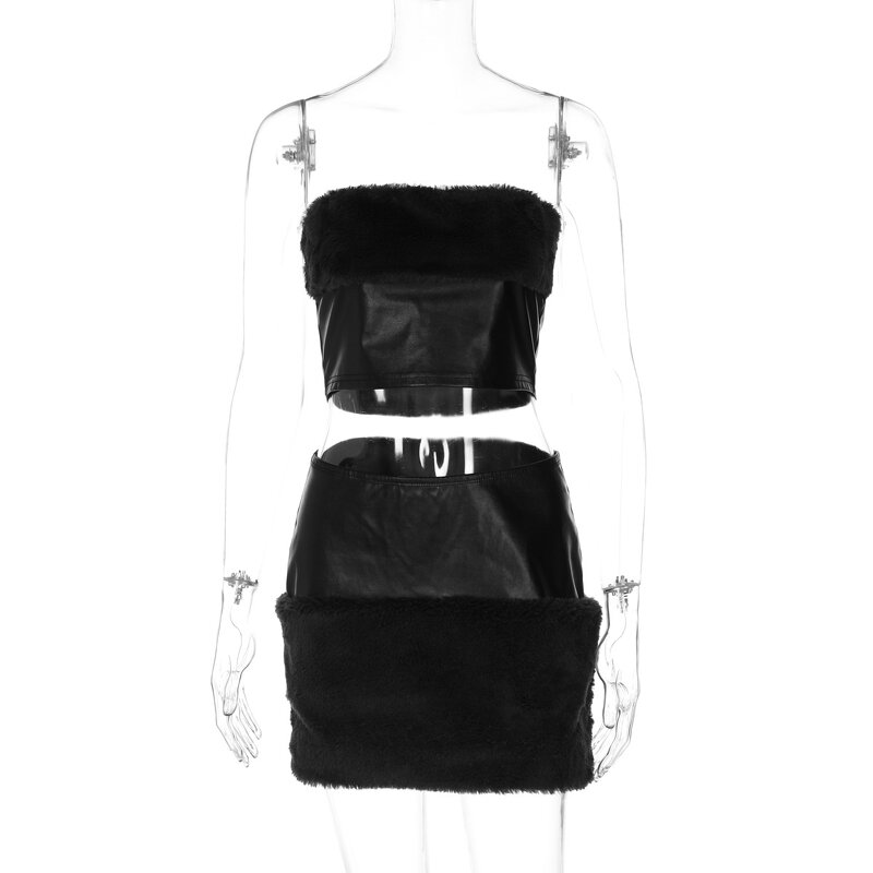 Women's Two Piece Set Manufacturer - 2025 Spring Plush Stitching Leather Chest-Wrapped