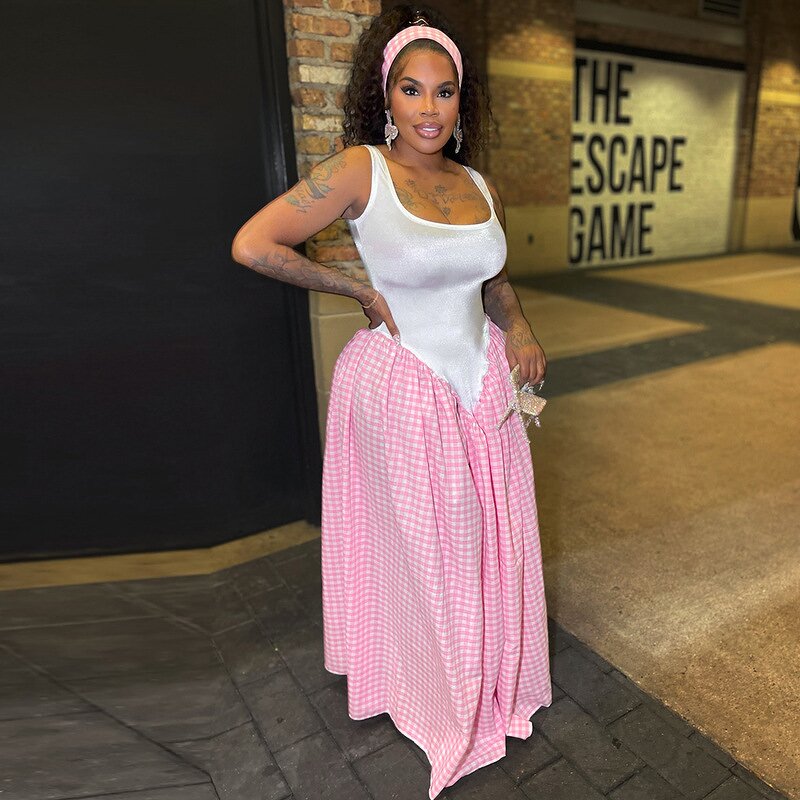 Women's Maxi Dress Manufacturer - Casual Slim Camisole Patchwork Plaid Print Loose