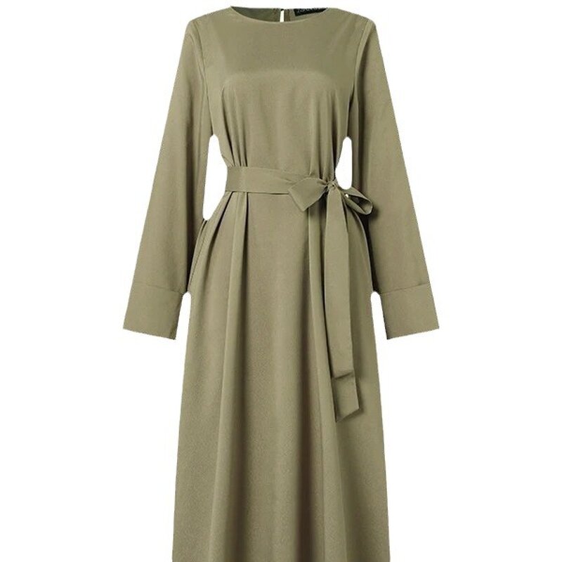 Muslim Satin Dress Manufacturer - Djellaba Round Neck Belt Plus Size Long Sleeve