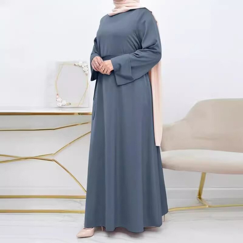 Muslim Satin Dress Manufacturer - Djellaba Round Neck Belt Plus Size Long Sleeve