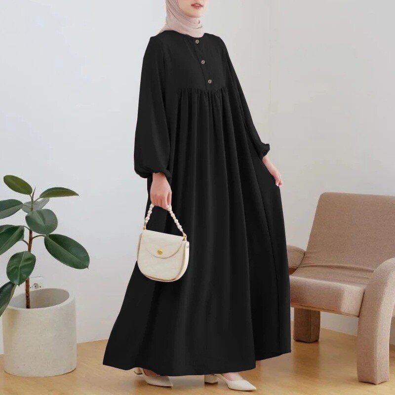 Muslim Robe Manufacturer - Spring Summer Loose Puff Sleeve Wooden Buckle Dress In Stock