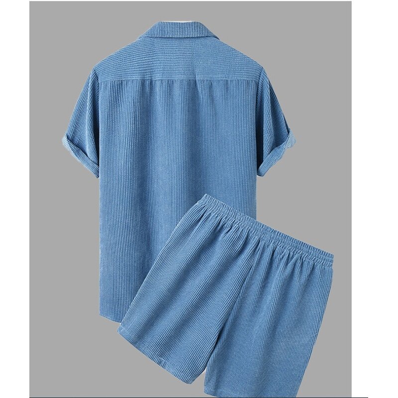 Men's Corduroy Set Manufacturer - Solid Color Shirt and Shorts European American Casual