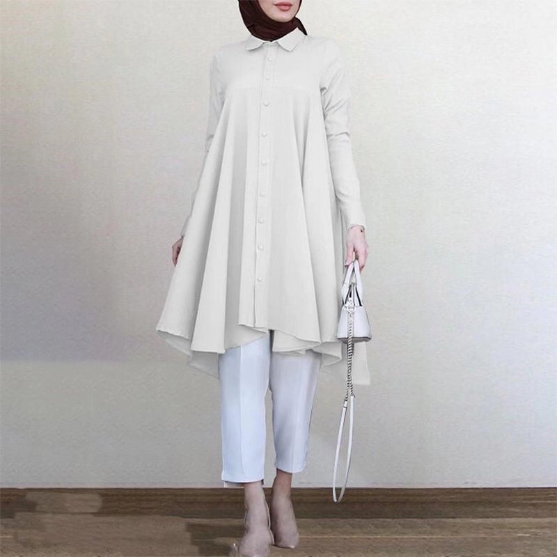 Muslim Blouse Manufacturer - Solid Turn-down Collar Swallowtail Curved Hem Long Sleeve