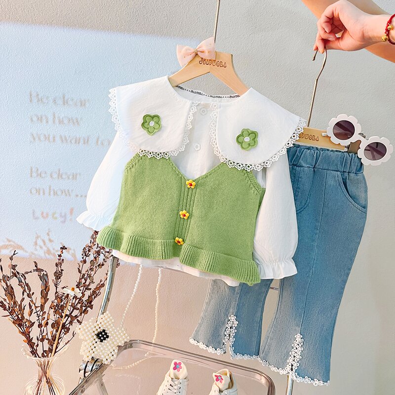 Girls Clothing Set Manufacturer - Spring Autumn Floral Vest Doll Collar Shirt Jeans 3Pcs