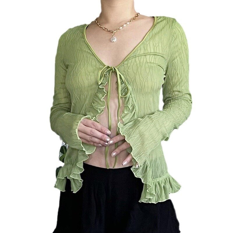 Women's Blouse Manufacturer - Ruffled V Collar Lace-up Irregular Sheer Long Sleeve