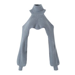 Women's Knitted Crop Sweater Manufacturer - Gray Turtleneck Shoulder Hollow Out Long Sleeve