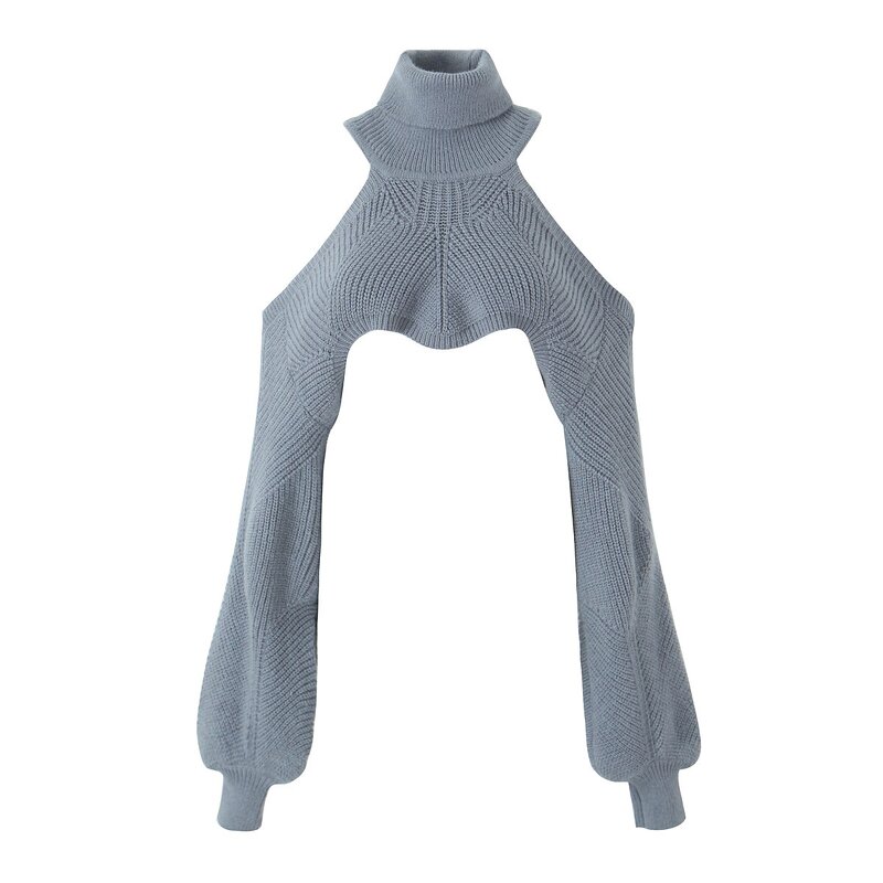 Women's Knitted Crop Sweater Manufacturer - Gray Turtleneck Shoulder Hollow Out Long Sleeve