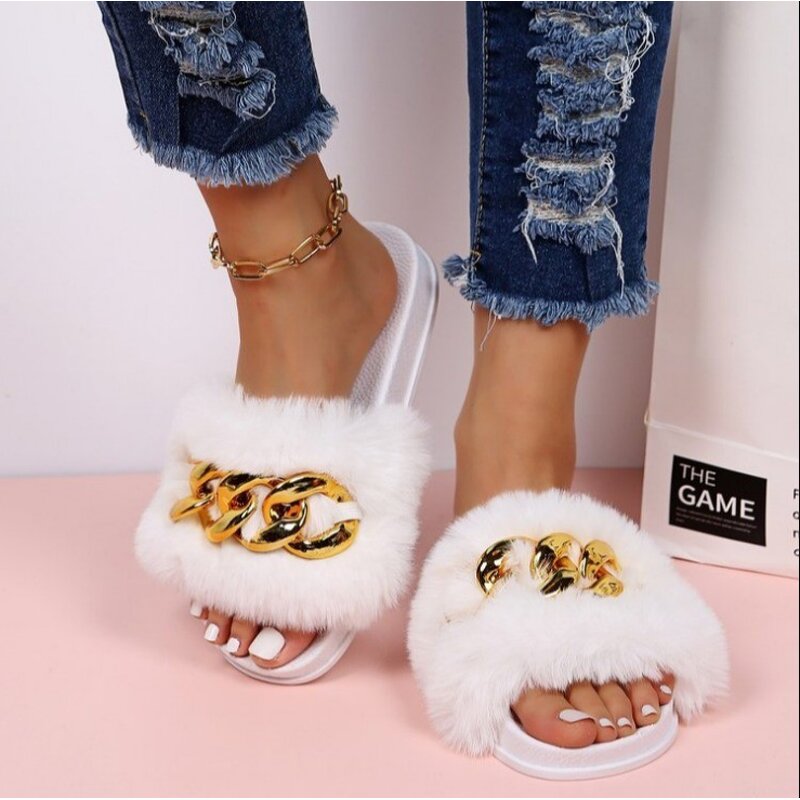 Women's Fur Sandals Manufacturer - Large Size Outer Wear Metal Chain Ladies Slippers