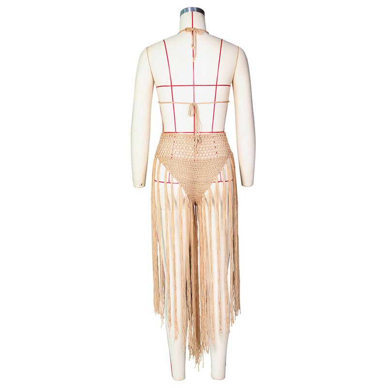 Beach Wear Set Manufacturer - Crochet Mesh Bikini Top Tassel Vacation Two Piece Outfit