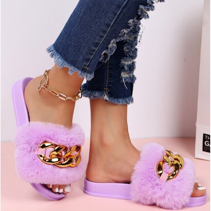 Women's Fur Sandals Manufacturer - Large Size Outer Wear Metal Chain Ladies Slippers