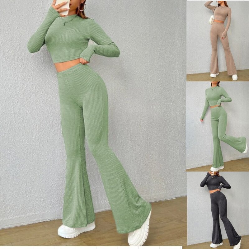Women's Knit Set Manufacturer - Trendy Top and Flared Pants Two Piece Stylish Set