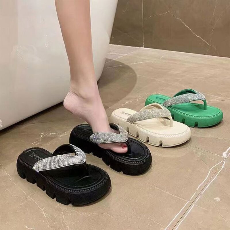 Women's Flip Flops Manufacturer - Rubber Sole Diamond Decoration Lightweight Sandals