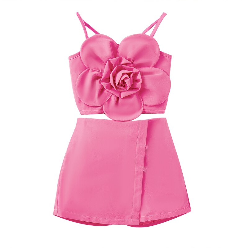 Girls Outfit Manufacturer - Summer 3D Floral Sling Top Skirt Shorts Princess 2Pcs