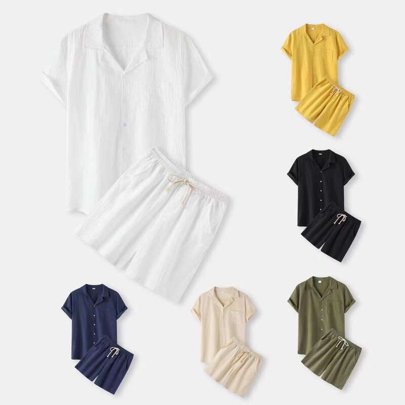 Men's Linen Set Manufacturer - Solid Color Flip Collar Shirt and Shorts Two Piece