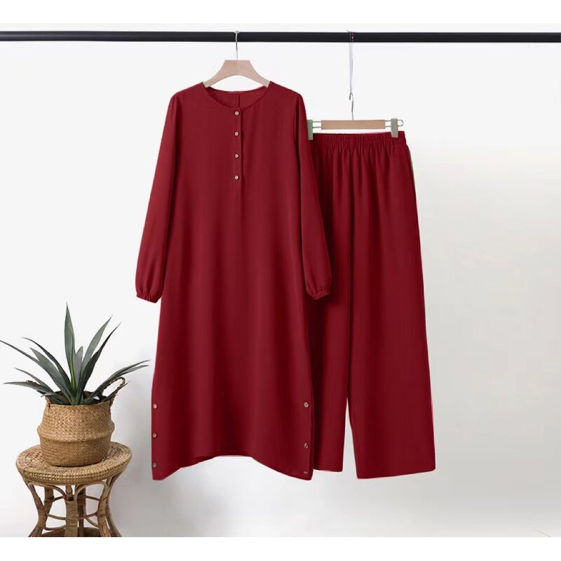 Muslim Two Piece Set Manufacturer - Round Neck Puff Sleeve Wooden Buckle Casual Set