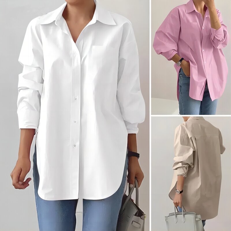 Women's Work Shirt Manufacturer - Spring Autumn Solid Color Split Hem Long Sleeve Blouse