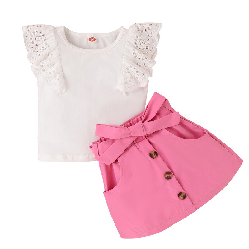 Girls Clothing Set Manufacturer - 1-5Y Lace Flying Sleeve Vest Top Button Skirt With Belt