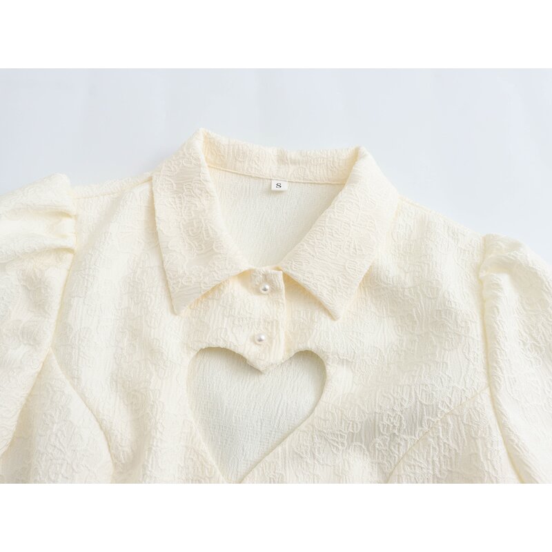 Women's Blouse Manufacturer - Front Hollow Out Beige Turn Down Collar Long Sleeve