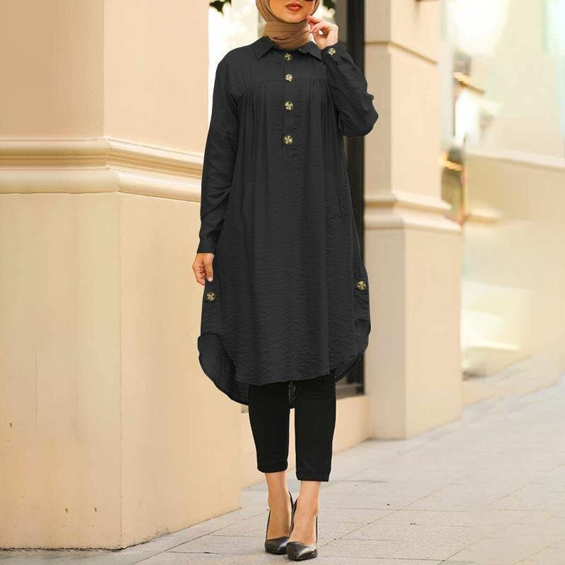 Muslim Blouse Manufacturer - High Quality Solid Color Pleated S~5XL Arabic Long Tops