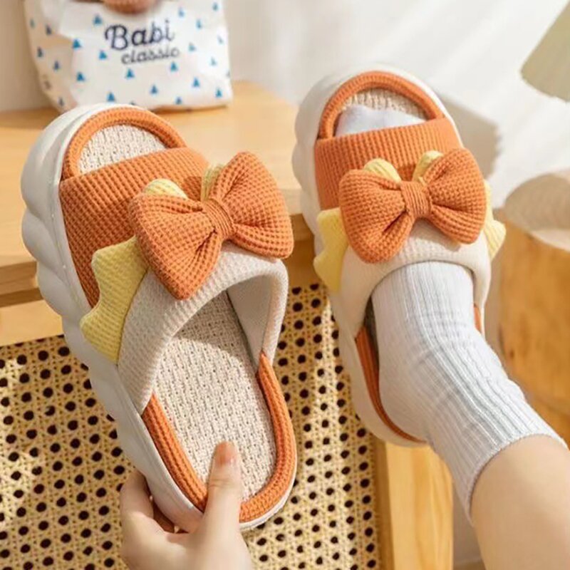 Women's Home Slippers Manufacturer - Summer Non-Slip Cute Bow Platform Cotton Linen