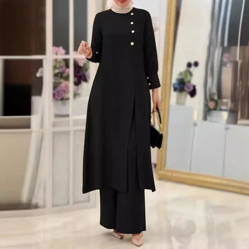 Muslim Two Piece Set Manufacturer - Side Slit Long Shirt Wide Leg Pants Robe In Stock
