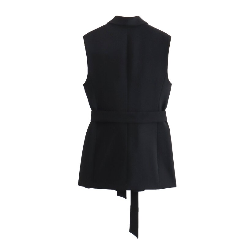 Women's Vest Manufacturer - Notched Collar Black Sleeveless Sashes Casual Waistcoat