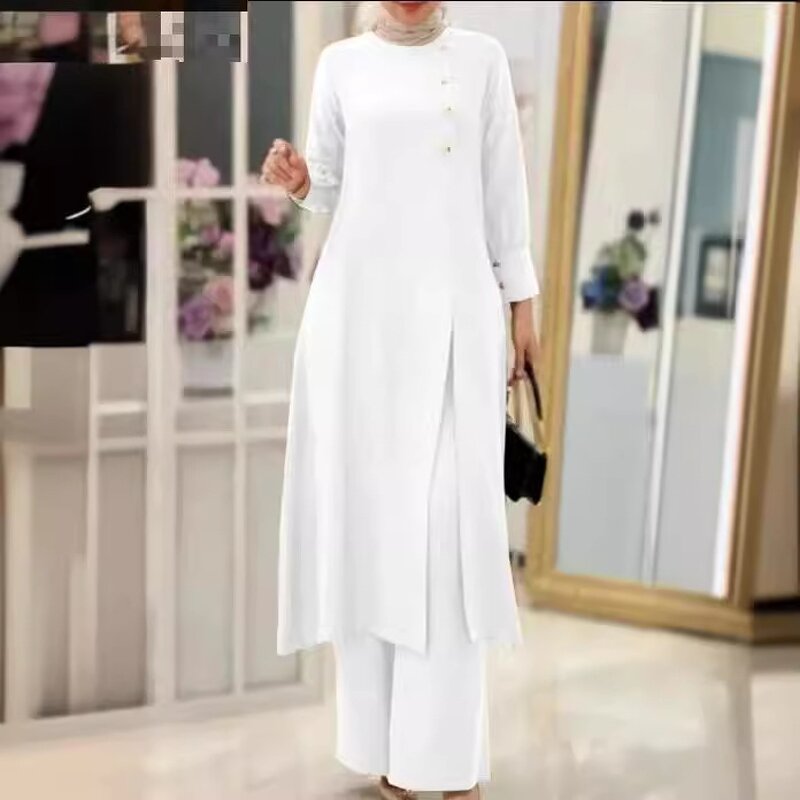 Muslim Two Piece Set Manufacturer - Side Slit Long Shirt Wide Leg Pants Robe In Stock