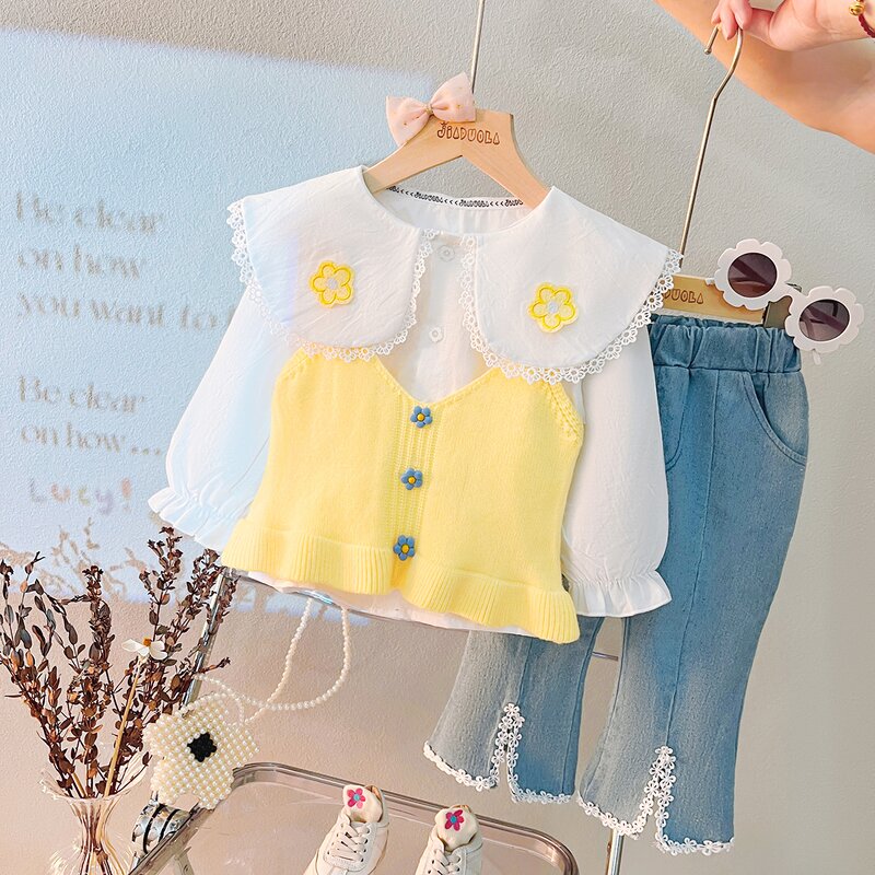 Girls Clothing Set Manufacturer - Spring Autumn Floral Vest Doll Collar Shirt Jeans 3Pcs