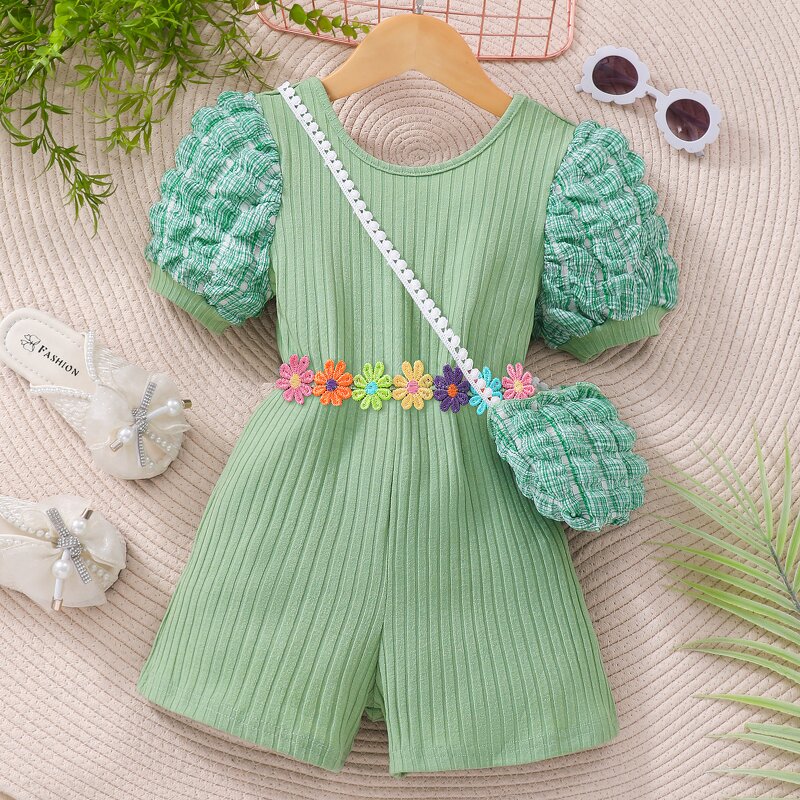 Girls Jumpsuit Manufacturer - 2024 Summer Puffed Sleeves Striped Back Crossover With Bag