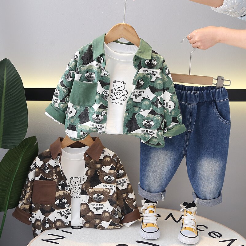 Boys Clothing Set Manufacturer - Spring Autumn Cartoon Bear Jacket T-shirt Denim Pants